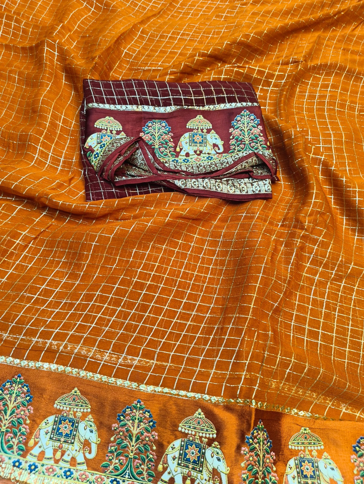 Budget viscose check with satin border golden zari white elephant saree