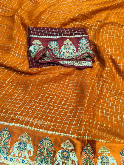 Budget viscose check with satin border golden zari white elephant saree