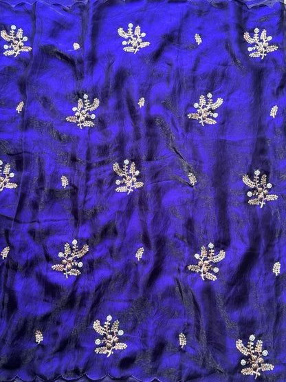 Soft silk with beads flower work saree with stitched blouse