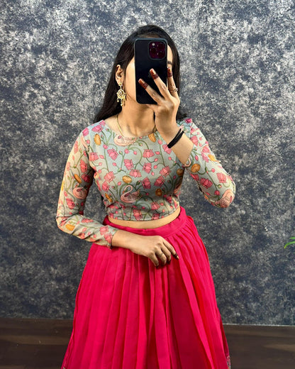 Kalamkari crop-top Kota doriya printed Lehenga sets