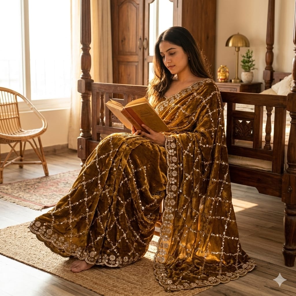 Luxe grand party beeds work velvet shine saree