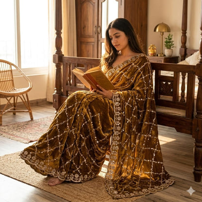 Luxe grand party beeds work velvet shine saree