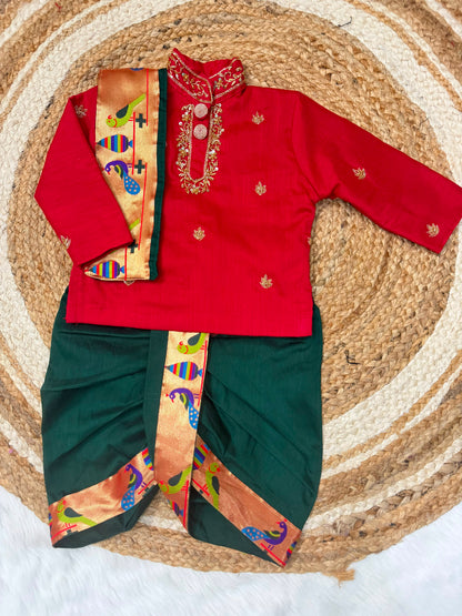 Boys Raw Silk Kurta with Dhoti Set | Paithani Border | Maggam Work