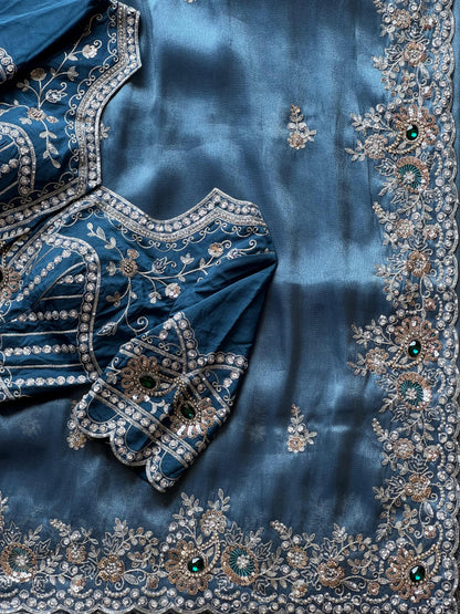 Cocktail  Ocean blue luxe Saree with stitched blouse