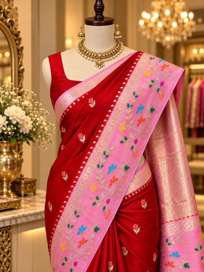 Budget Banarasi Katan Silk Saree with Contrast Alfi Border