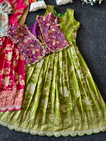 Khadi Georgette 2 in One Gown with Coat sets Kids Gowns