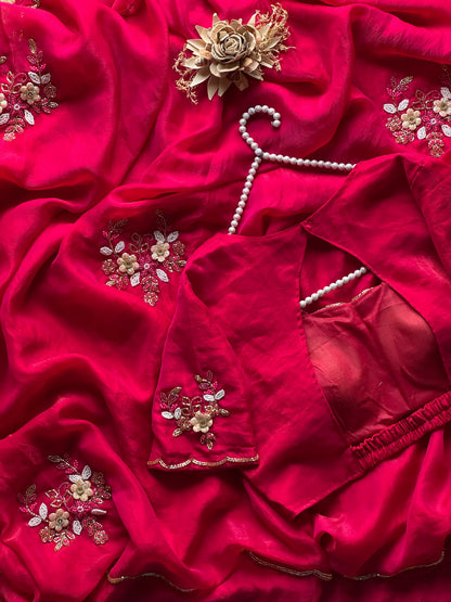 Sinderella handwork chiffon saree with stitched blouses