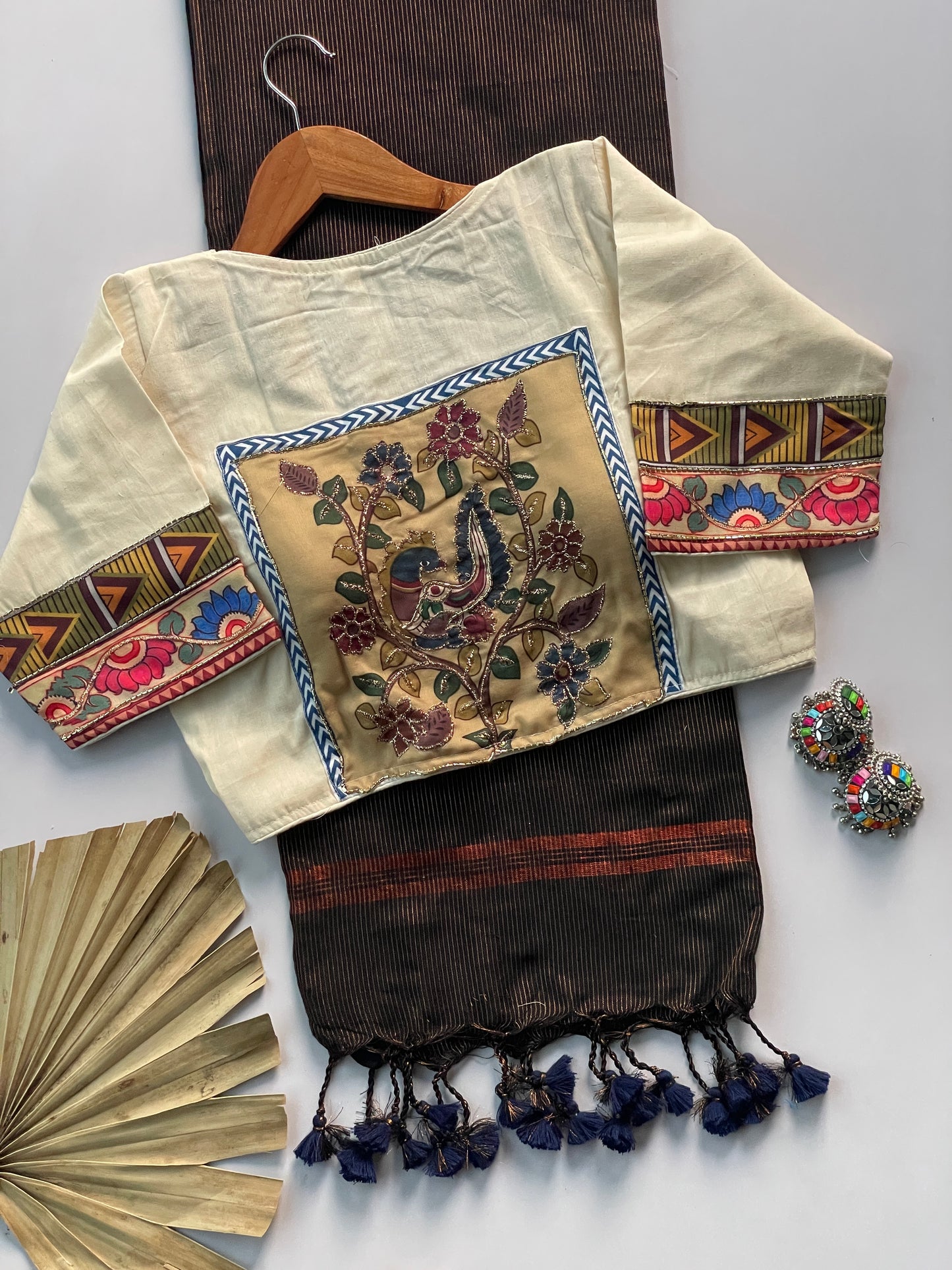 Khadi cotton saree with applic  work  stitches blouse