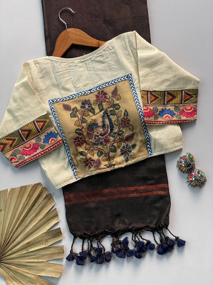 Khadi cotton saree with applic  work  stitches blouse