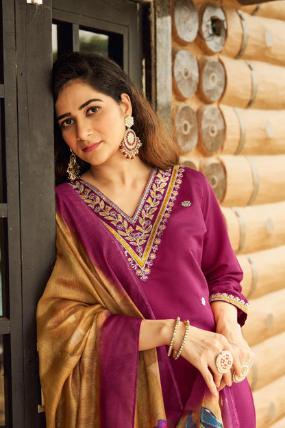 Roman silk party wear Embroidery Maroon kurti set