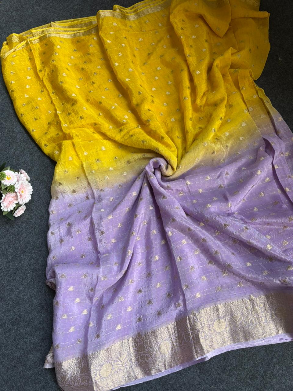 2d shade vintage Chinnon saree with Bandhani  style