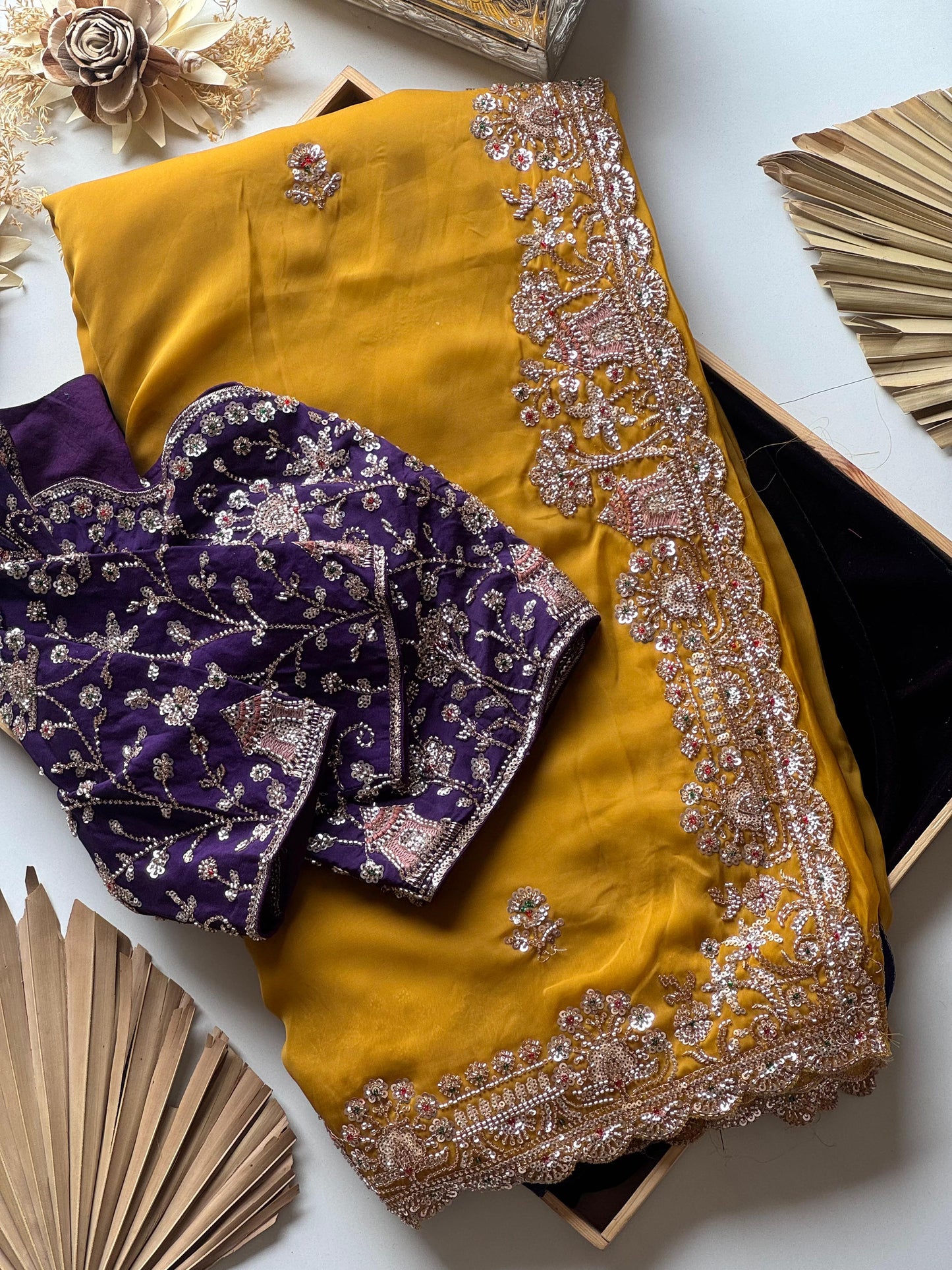 Cocktail handwork luxe gold finish sarees with Cutdana sequence work