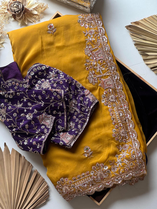 Cocktail handwork luxe gold finish sarees with Cutdana sequence work