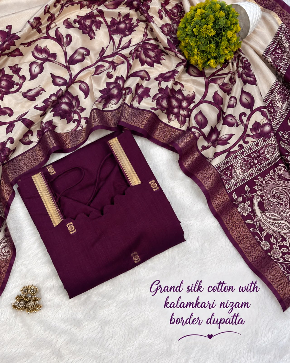 Mangalagiri Butta Silk cotton Top with Chennuri Silk Kalamkari Dupatta kurti sets