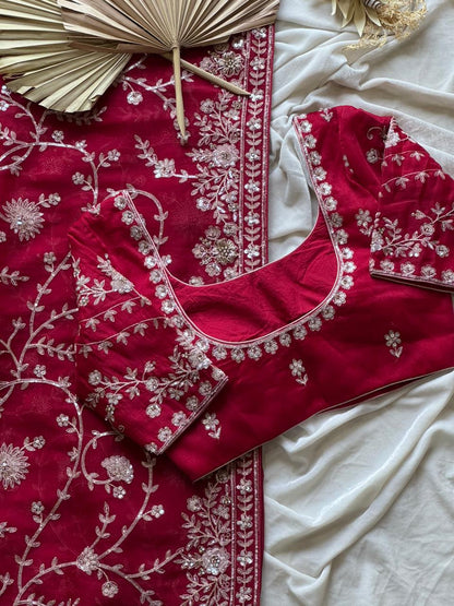 Cherry Aari Work And Handwork saree with stitched Luxe blouse