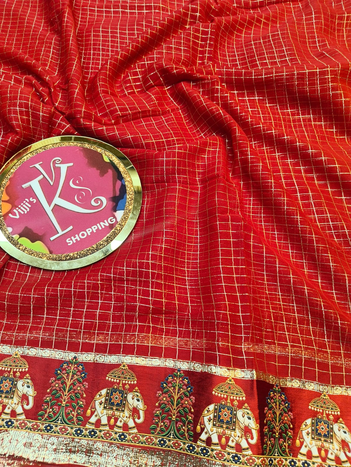 Budget viscose check with satin border golden zari white elephant saree