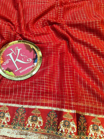 Budget viscose check with satin border golden zari white elephant saree