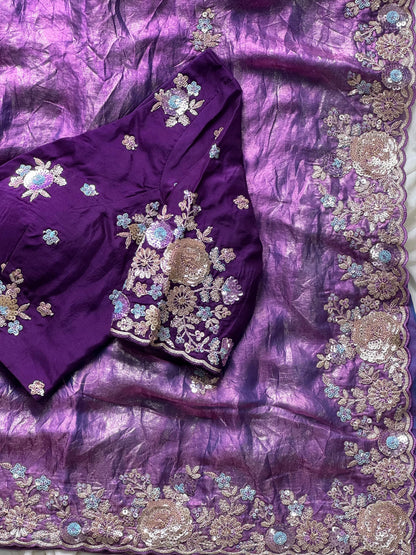 Pure space silk saree with pure  Luxe coding work saree stitched blouse