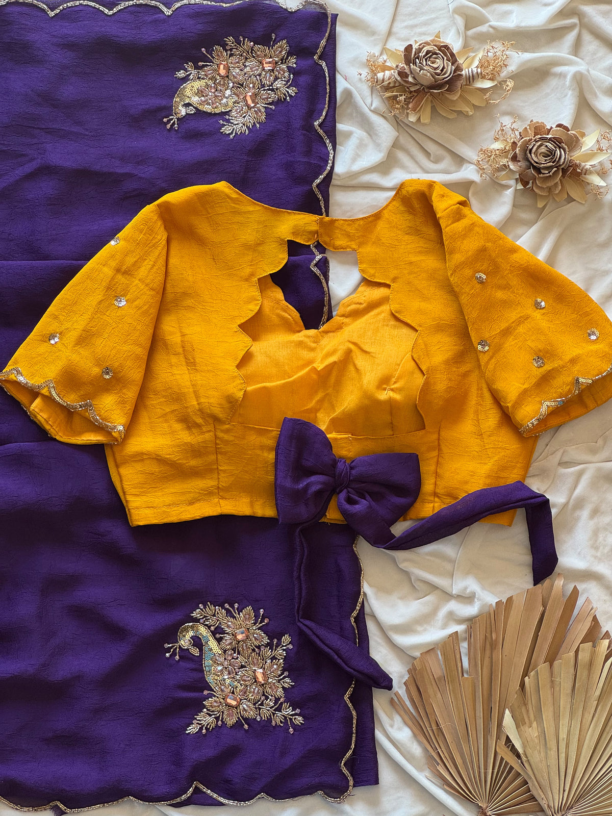 Rangoli purple yellow crush saree with stitched blouse