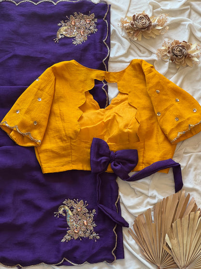 Rangoli purple yellow crush saree with stitched blouse