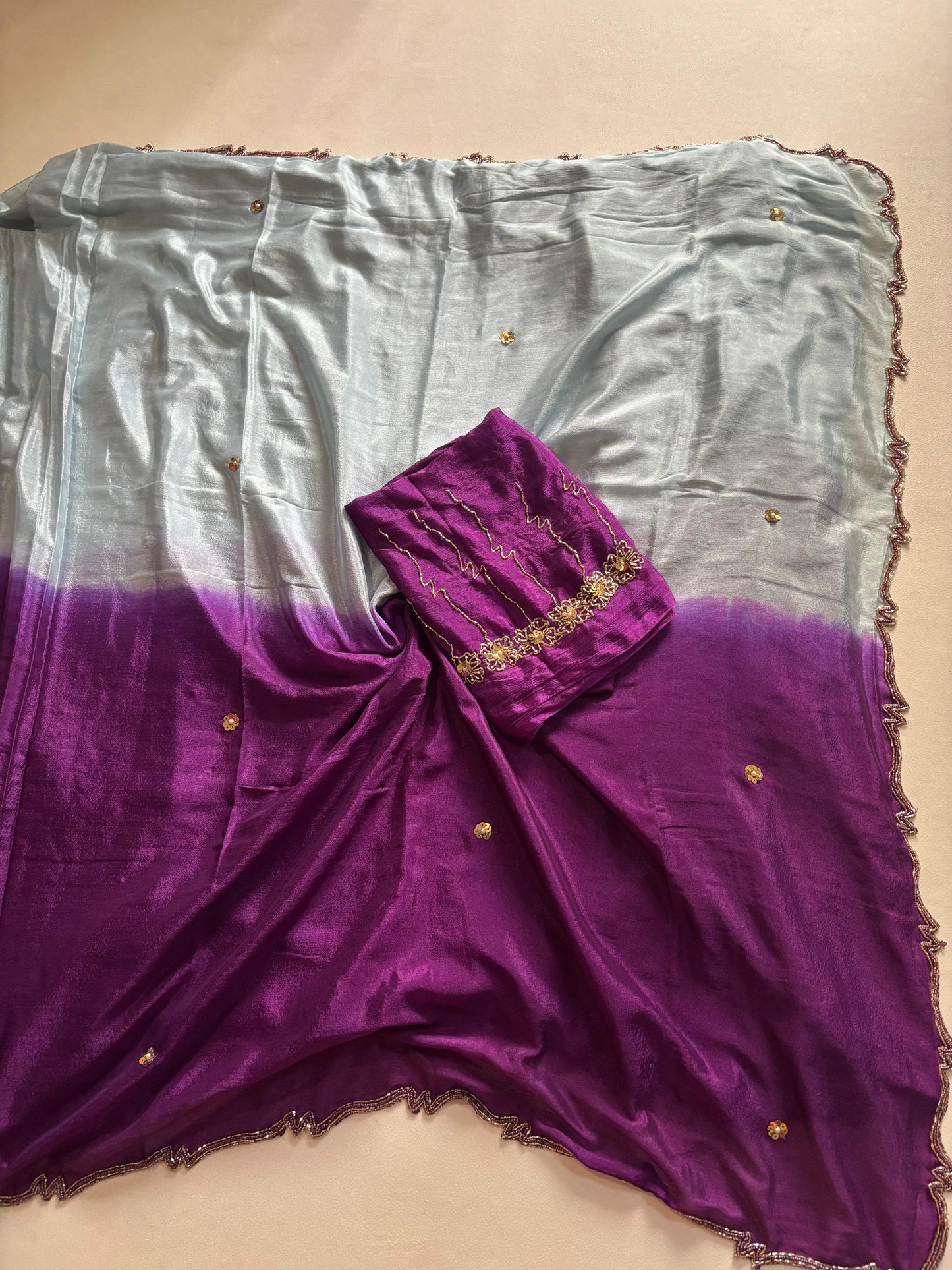 Trendy dyeing Chinon two shades with 3 layers curdana sarees