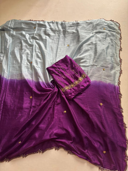Trendy dyeing Chinon two shades with 3 layers curdana sarees