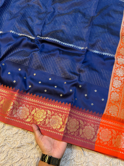Handloom Banarasi katan soft checks booti saree