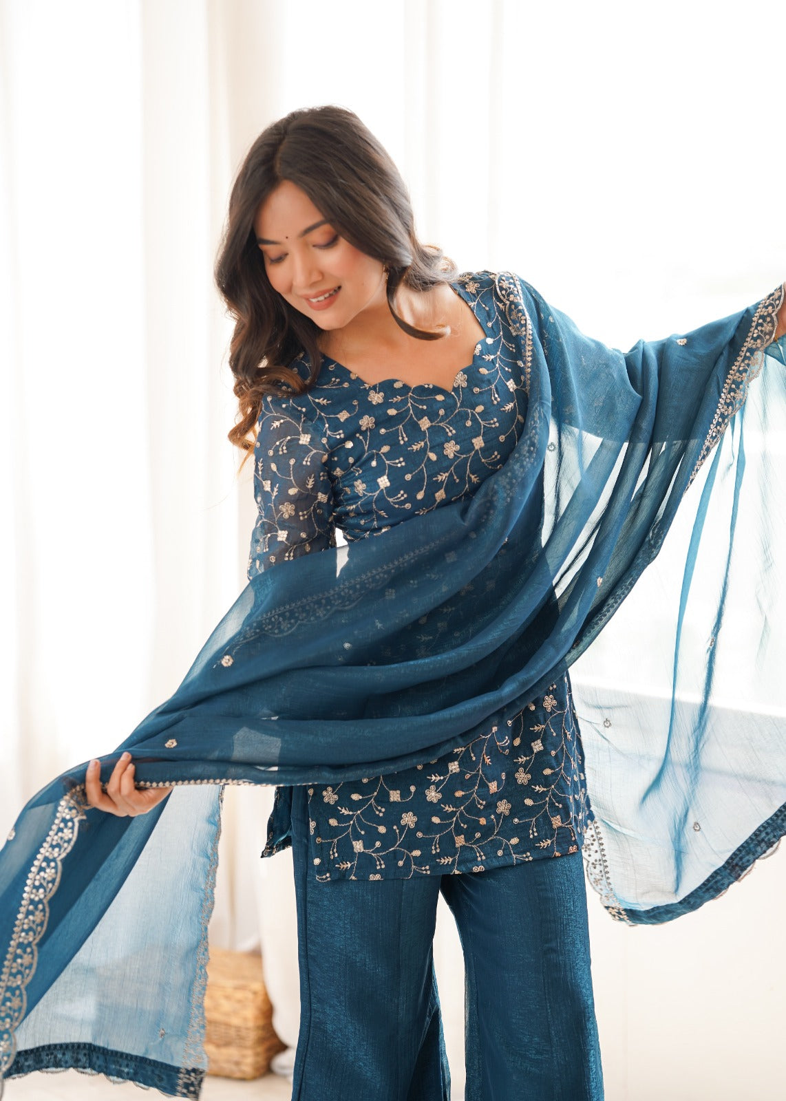 Crunchy Silk Fabric With Embroidery Sequence kurti sets model