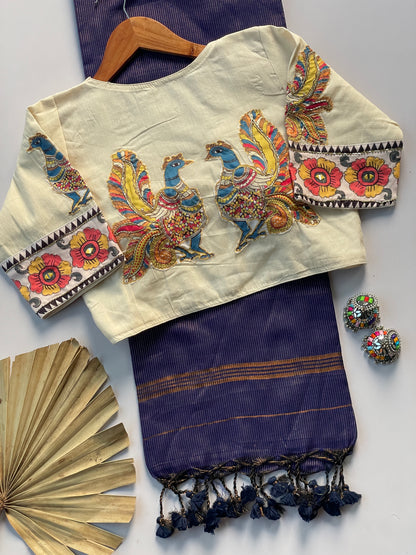 Khadi cotton saree with applic  work  stitches blouse