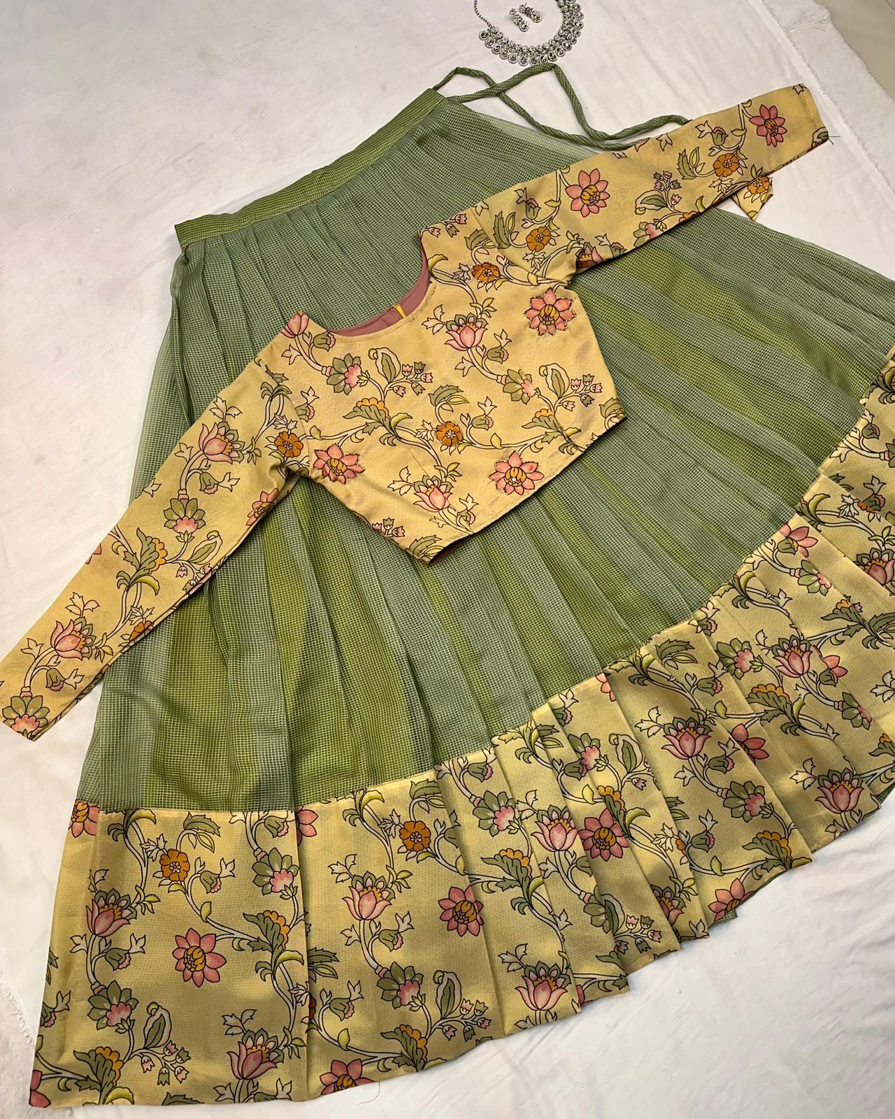 Kalamkari crop-top Kota doriya printed Lehenga sets