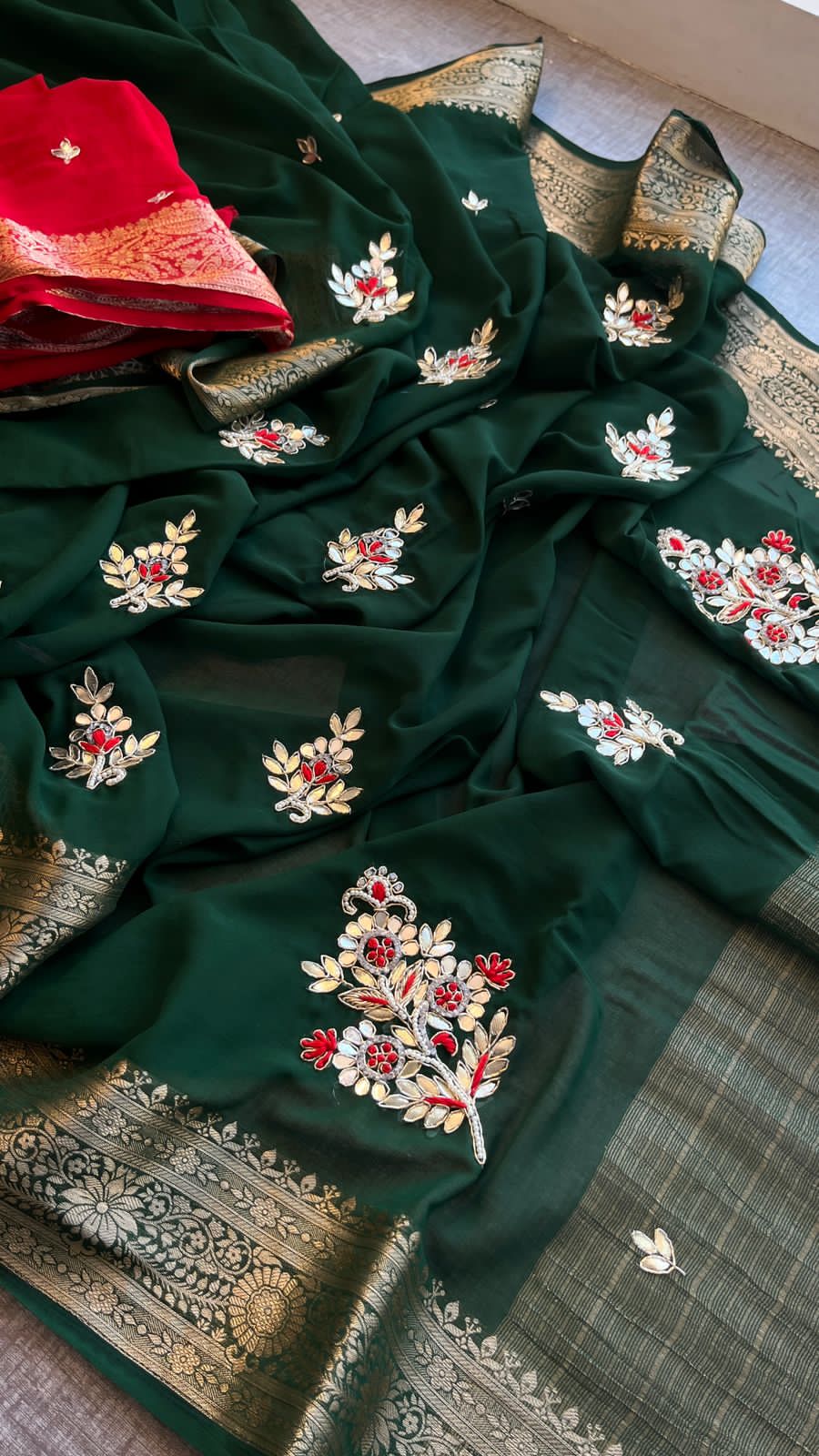 Hand work saree with contrast blouse