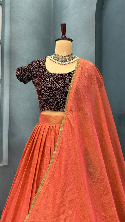 South tissue silk with velvet machine  work lehenga