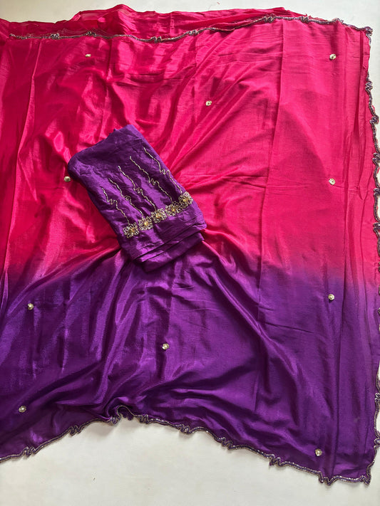 Trendy dyeing Chinon two shades with 3 layers curdana sarees