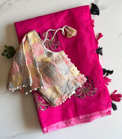 Octopus embroidery saree with stitched blouse