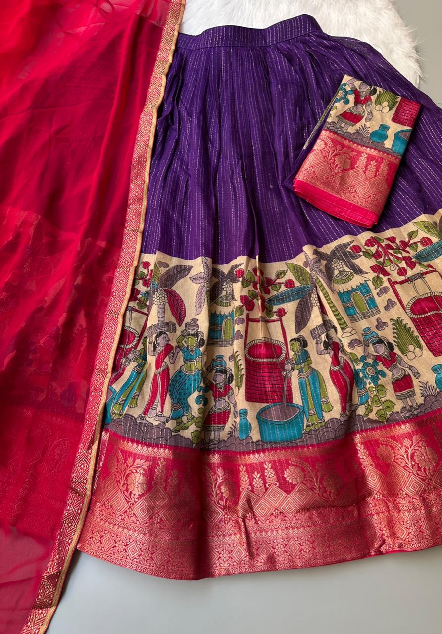 Kalmkari Printed  Chanderi Unstitched Lehenagas