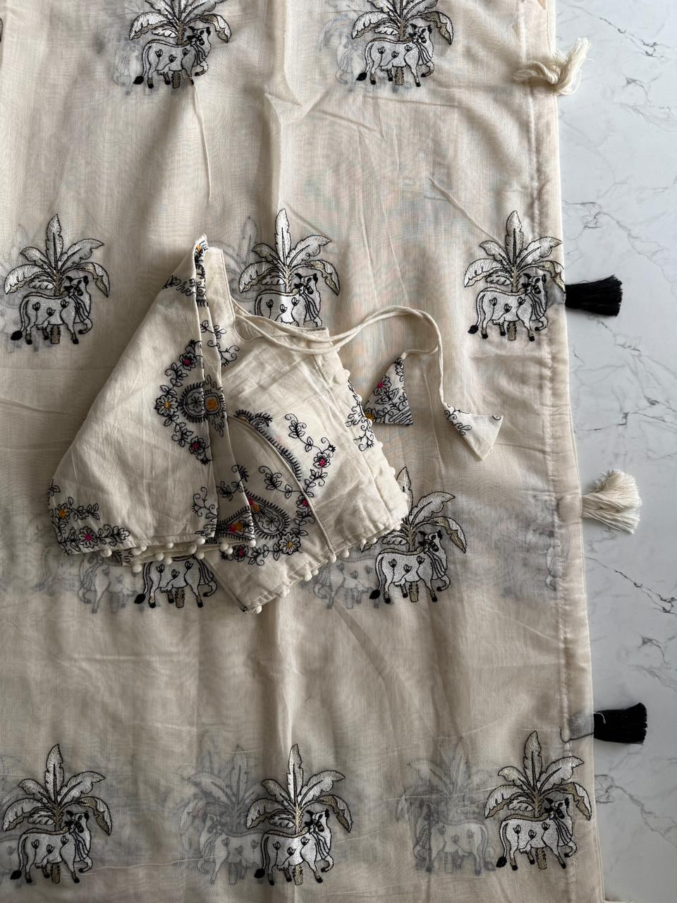 Chanderi Cotton Saree With Multy Thread Cow, Horse Work And Cotton Tussles with stitched blouse