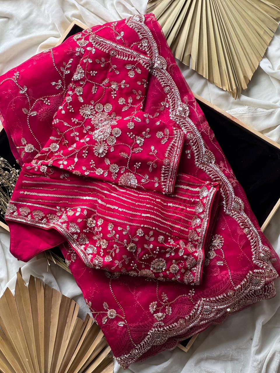 Raspberry Luxe Coctail Handwork saree with stitched blouse