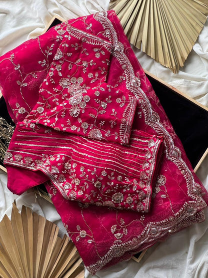 Raspberry Luxe Coctail Handwork saree with stitched blouse
