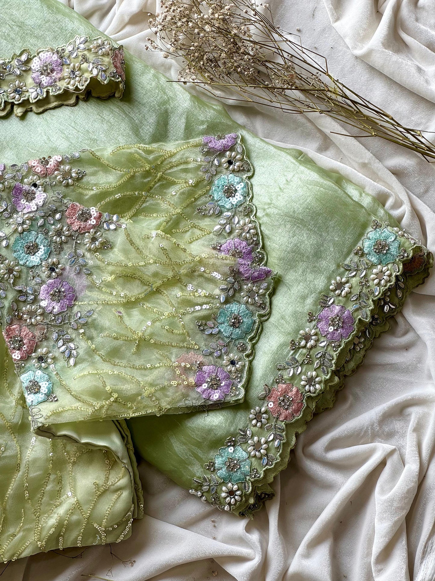 Luxe pista green 1 min saree with stitched blouse