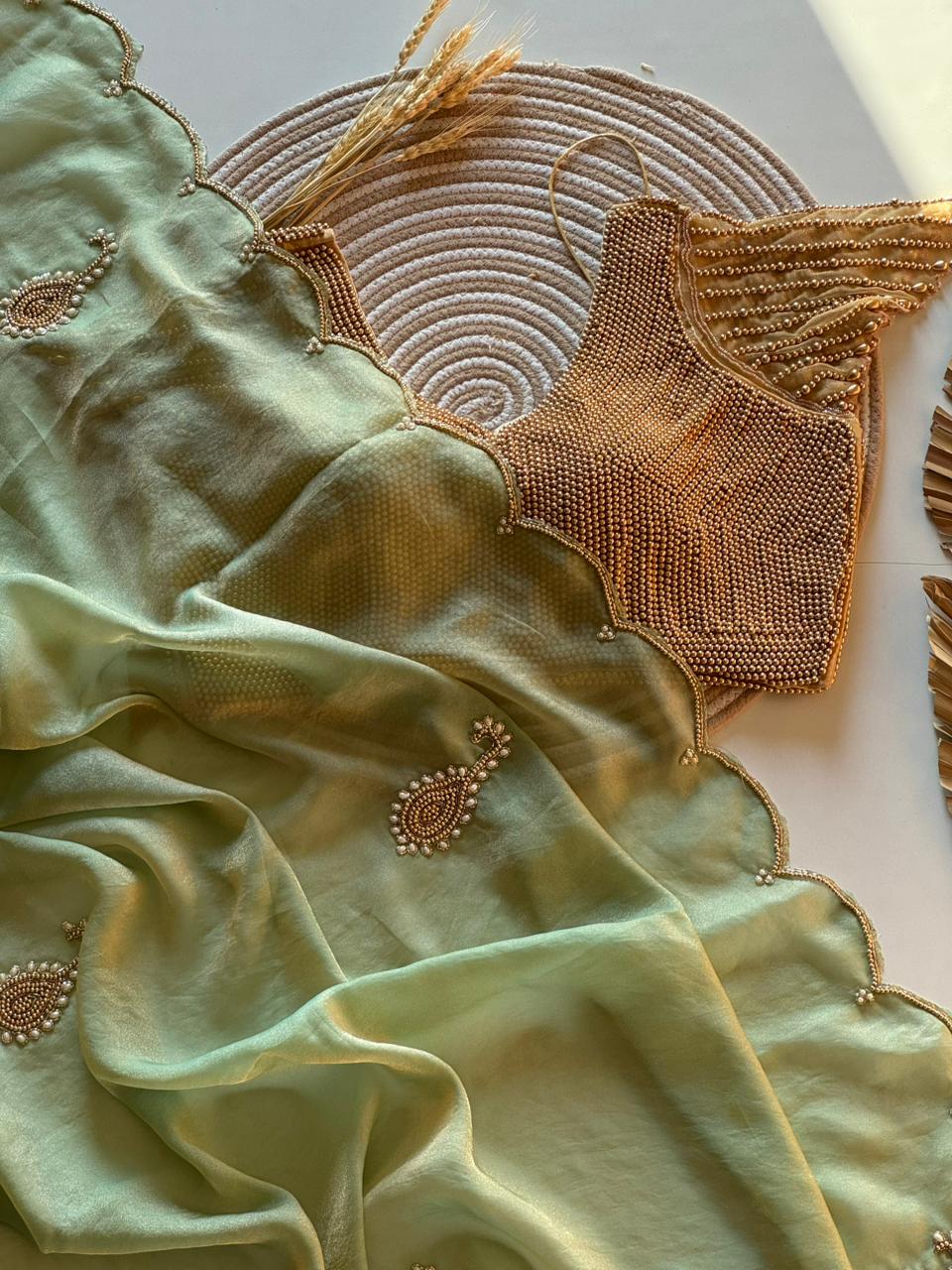 Space Georgette saeee with gold pearl work blouse