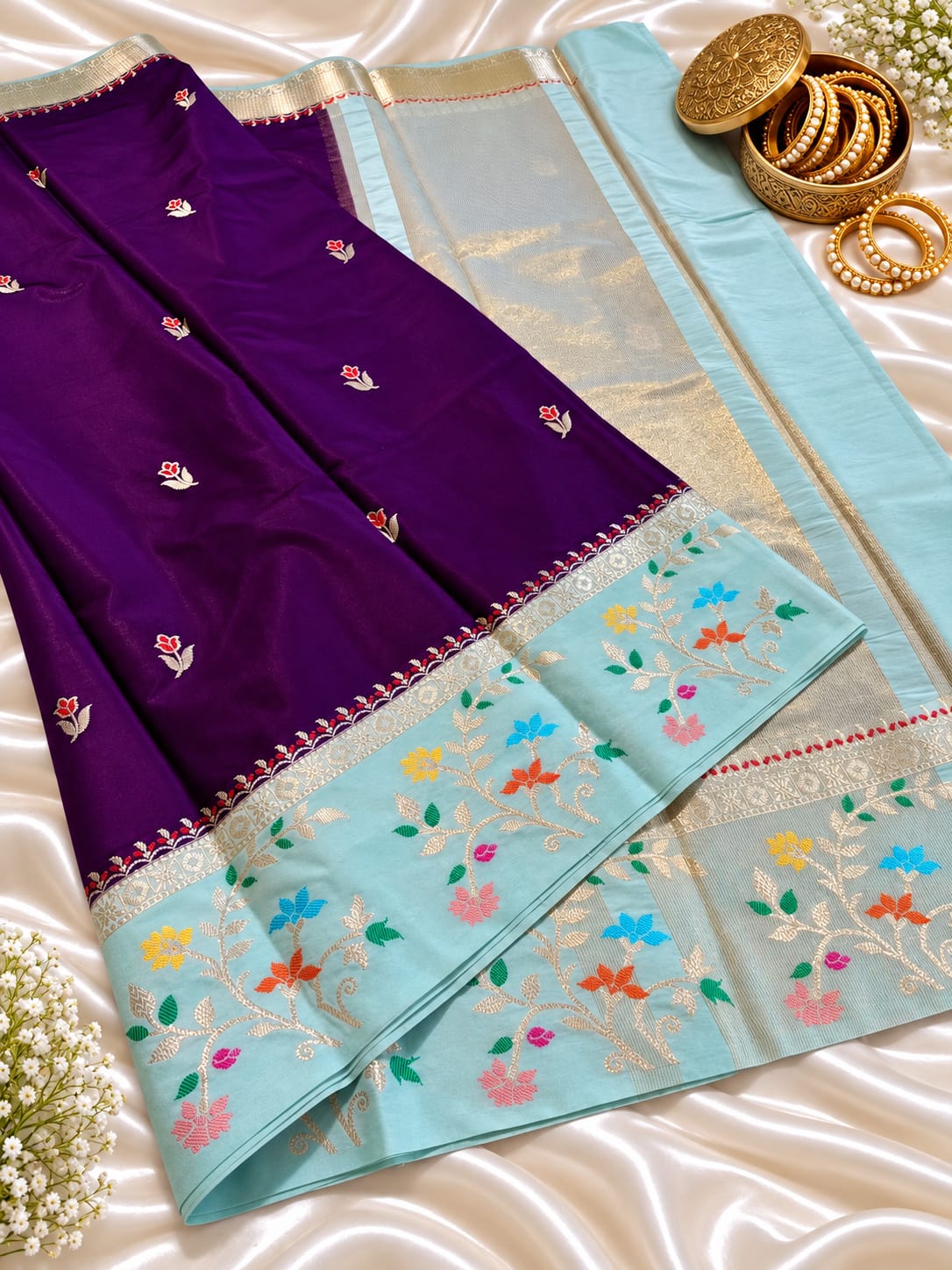 Budget Banarasi Katan Silk Saree with Contrast Alfi Border