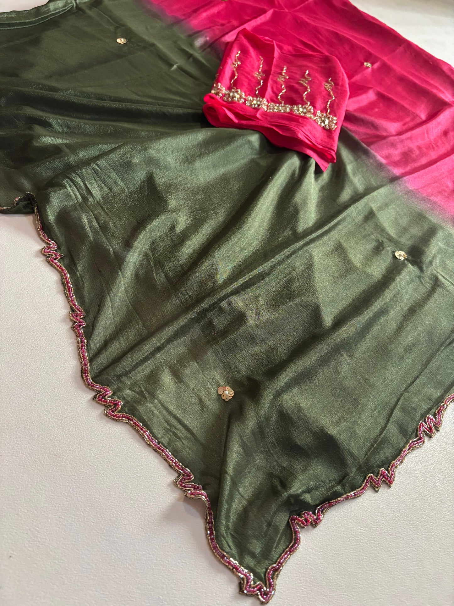 Trendy dyeing Chinon two shades with 3 layers curdana sarees