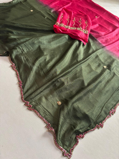 Trendy dyeing Chinon two shades with 3 layers curdana sarees