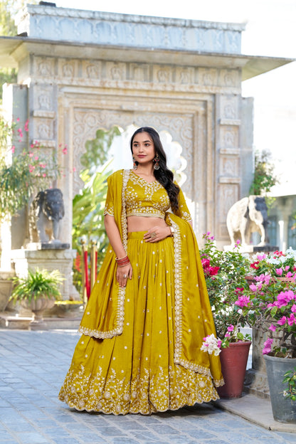 Vichitra silk mustard Haldi lehenga