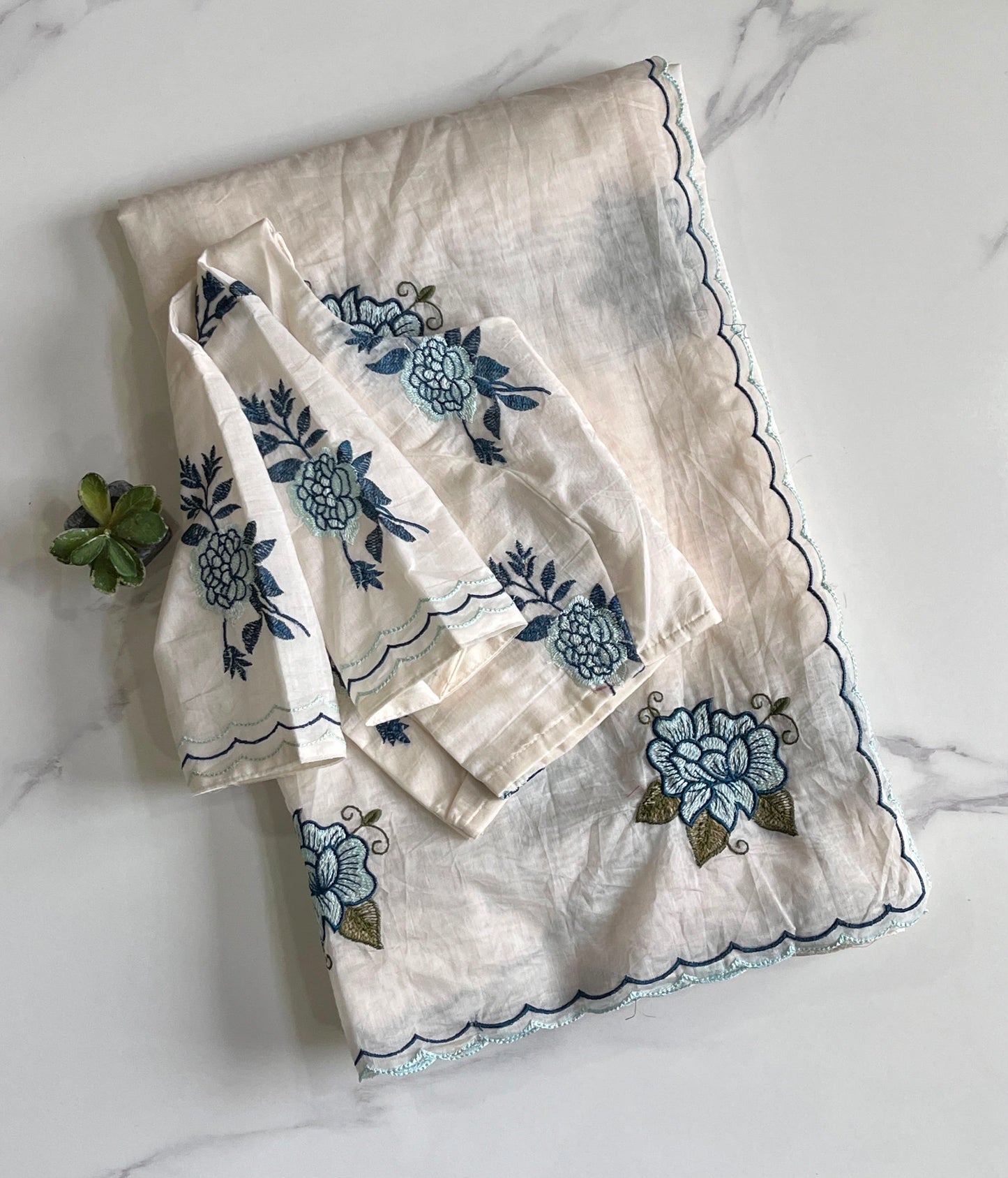 Mul Mul Cotton Saree with embroidery with stitched blouse