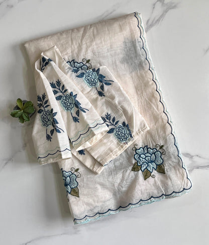 Mul Mul Cotton Saree with embroidery with stitched blouse