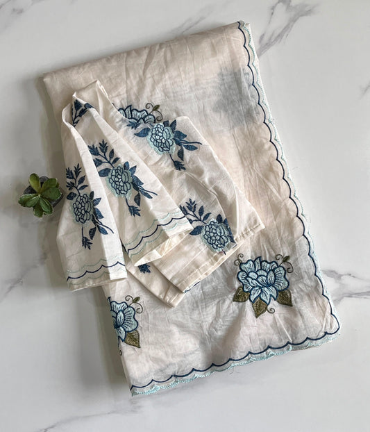 Mul Mul Cotton Saree with embroidery with stitched blouse