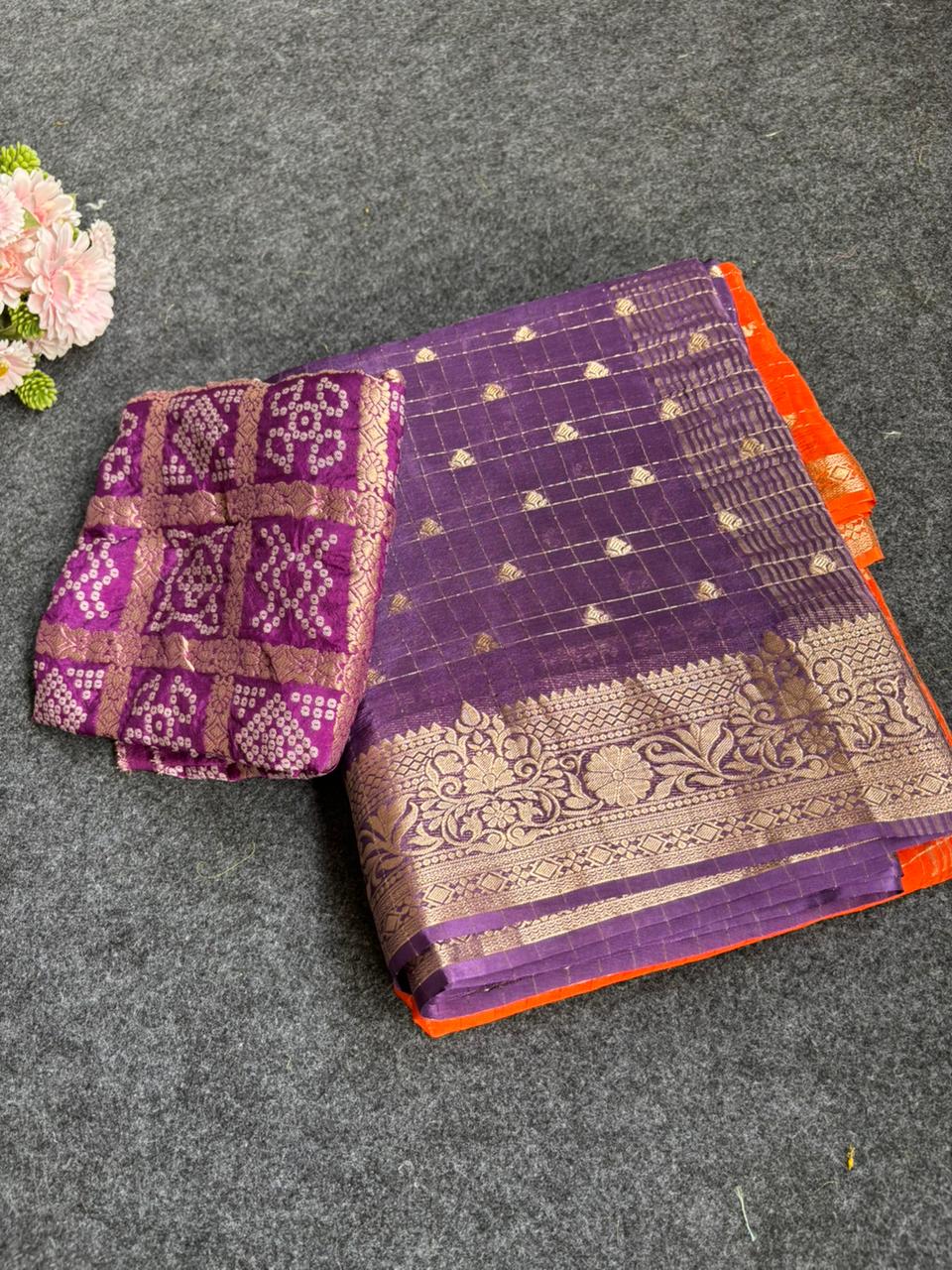 2d shade vintage Chinnon saree with Bandhani  style