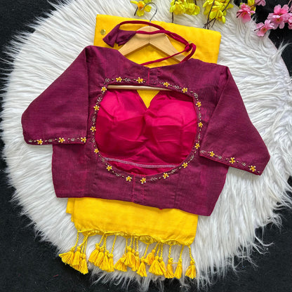 Khadi Cotton Saree with Desginer stitched blouse