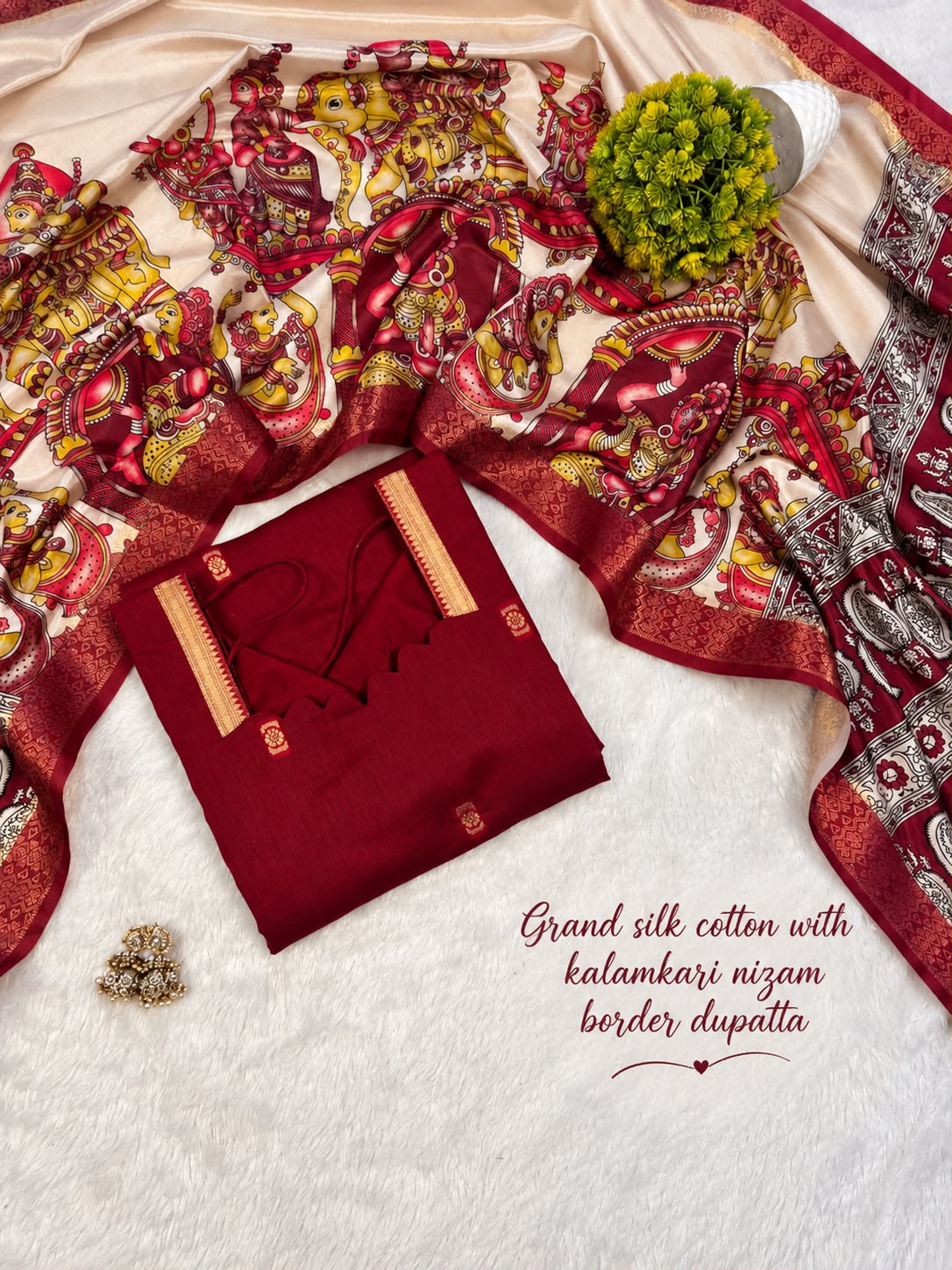 Mangalagiri Butta Silk cotton Top with Chennuri Silk Kalamkari Dupatta kurti sets